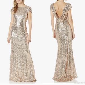 Badgley Mischka gold capped-sleeve sequin gown size 12